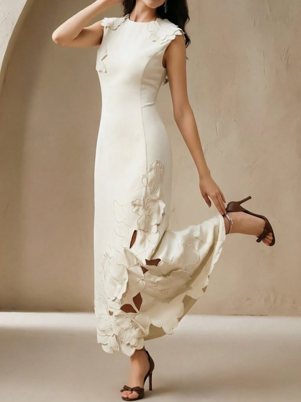 Beige Elegant Women's Hollow Out Embroidered 3d Floral Fitted Sleeveless Dress - Picture 7 of 7